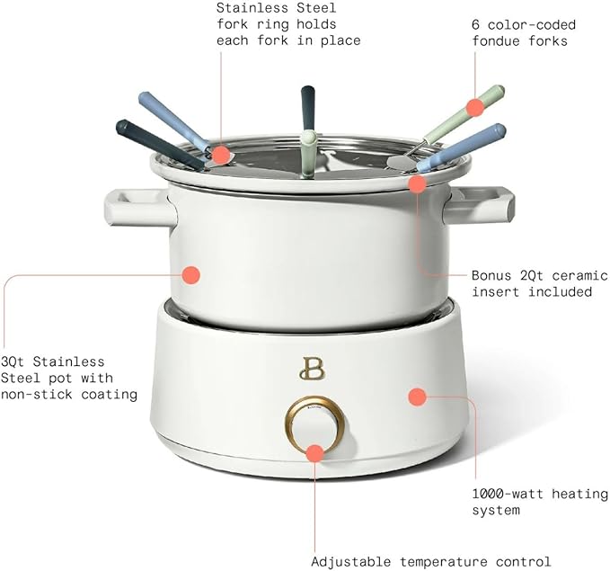Beautiful 3-Quart Electric Fondue Set, Stainless Steel & Ceramic Insert, Nonstick, Adjustable Temp (White Icing)