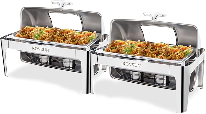 ROVSUN 2 Pack Roll Top Chafing Dish Buffet Set, 9 Quart NSF Rectangular Stainless Steel Chafer for Catering,Buffet Servers and Warmers Set with Glass Window for Wedding, Parties, Banquet, Full Size