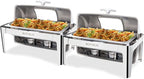 ROVSUN 2 Pack Roll Top Chafing Dish Buffet Set, 9 Quart NSF Rectangular Stainless Steel Chafer for Catering,Buffet Servers and Warmers Set with Glass Window for Wedding, Parties, Banquet, Full Size