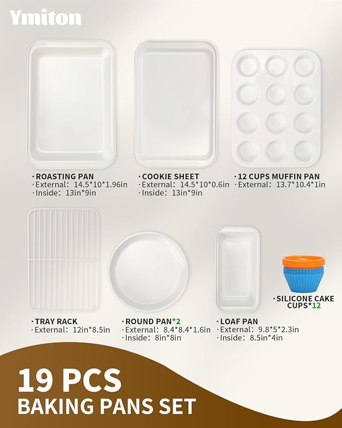 Nonstick Baking Pans Set, 19 PCS Stackable Bakeware Sets, Oven Pan Set Includes Baking Tray, Cookie Sheet, Cake Pans, Loaf Pan, Muffin Pan, Silicone Cups