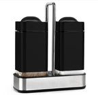 Black Salt and Pepper Shakers Set with Holder, Salt Shaker with Adjustable Pour Holes, Stainless Steel Refillable Spice Dispenser by Aelga