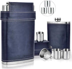 GENNISSY 8oz Hip Flask for Men - 304(18/8) Stainless Steel Bourbon Whiskey Flask, Leakproof with Navy Blue Leather Wrap - Includes Funnel & 3 Mini Cups for Dad, Gifts, Travel