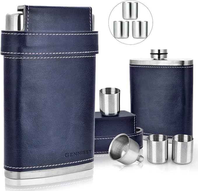 GENNISSY 8oz Hip Flask for Men - 304(18/8) Stainless Steel Bourbon Whiskey Flask, Leakproof with Navy Blue Leather Wrap - Includes Funnel & 3 Mini Cups for Dad, Gifts, Travel