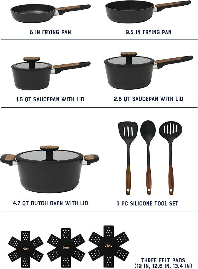 Oster Platinum Oxburg 14 Piece Forged Aluminum PFA Free Non-toxic Premium Ceramic Non Stick Interior Cookware & Kitchen Tools Set - Black w/Wood Handles