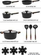 Oster Platinum Oxburg 14 Piece Forged Aluminum PFA Free Non-toxic Premium Ceramic Non Stick Interior Cookware & Kitchen Tools Set - Black w/Wood Handles