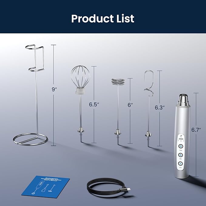 Milk Frother with Stand Rechargeable-Handheld Frother Wand with 3 Stainless Whisks 3 Speed Adjustable, Electric Whisk Drink Mixer, Foam Maker Blender for Matcha Latte Cappuccino Chocolate