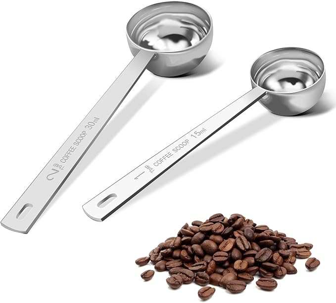 Coffee Scoop Set, Tablespoon Scoop 2 Pc Set (1 Tbsp & 2 Tbsp), Stainless Steel Measuring Spoons for Ground Coffee with Long Handles, for Tea, Sugar, or Flour