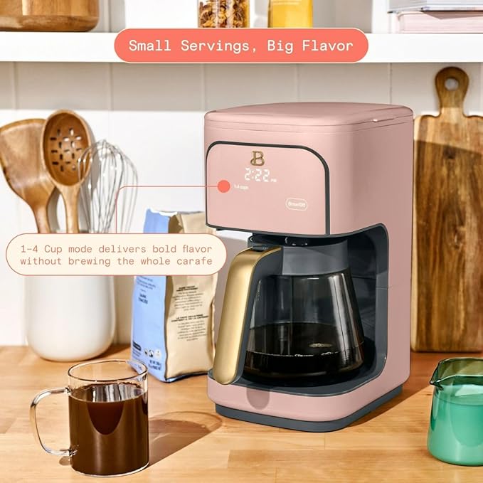 Beautiful 12-Cup Programmable Coffee Maker with Touch-Activated Display, Auto Brew Timer, Reusable Filter & Large Glass Carafe (Rose)