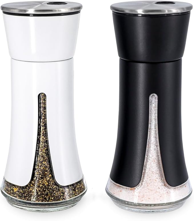 Farmhouse Salt and Pepper Shakers by Aelga - Salt Shaker with Adjustable Pour Holes for Himalayan, Kosher, Black and White