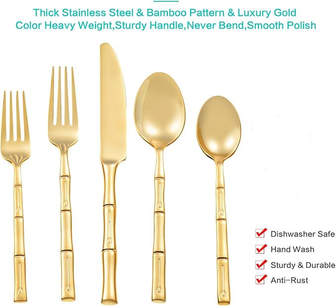 Flatware Set Stainless Steel Gold Silverware Set Cutlery Set Bamboo Pattern Mirror Finished 30 Pieces Home Event Use Wedding Housewarming Gift Service for 6