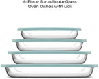 JoyJolt 8-Piece Borosilicate Glass Oven Dishes with Powder Blue Lids, Rectangle Deep Glass Baking Dish Set, Baking Pans for Lasagna Casserole Cake, Bakeware Set, Freezer to Oven Tray to Dishwasher