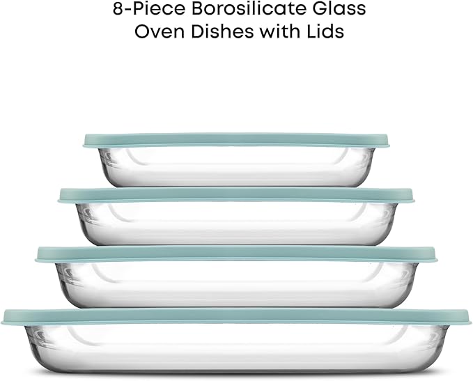 JoyJolt 8-Piece Borosilicate Glass Oven Dishes with Powder Blue Lids, Rectangle Deep Glass Baking Dish Set, Baking Pans for Lasagna Casserole Cake, Bakeware Set, Freezer to Oven Tray to Dishwasher