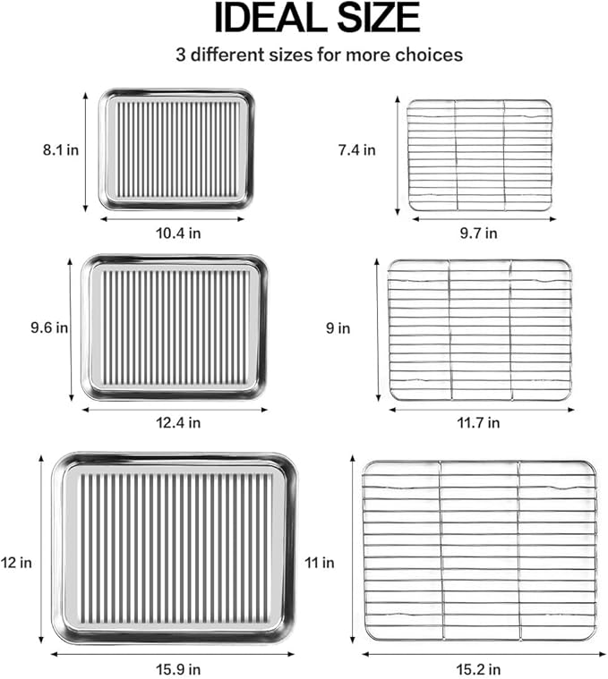 Stainless Steel Baking Sheet with Rack Set, Cookie Sheet with Cooling Rack, Set of 6 (3 Sheets + 3 Racks), Easy Clean