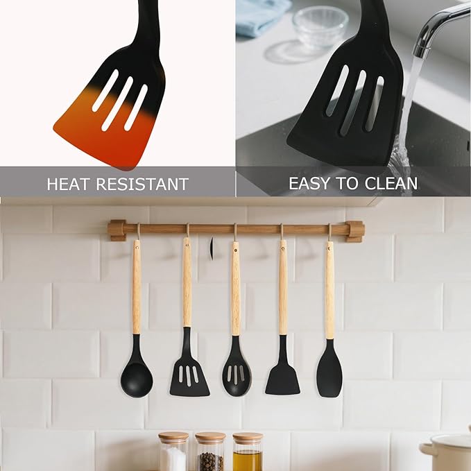 Silicone Cooking Utensil Set,12 PCS Cooking Cookware Kitchen Utensils Set, Nonstick 446°F Heat-Resistant Cookware Kitchen Tools of Spatula,Turner Tongs,Spoon,Brush,Whisk,（black）