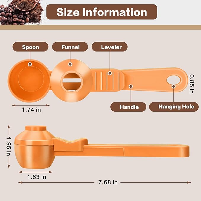 2-in-1 Coffee Scoop with Funnel, 2 Teaspoon Measuring Spoon for Reusable K Cups, Ground Coffee, Protein Powder & Tea, Mess-Free Plastic Design (Orange)
