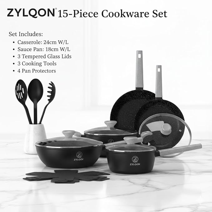 15-Piece Nonstick Cookware Set, Pots and Pans with Ceramic Coating, PFOA Free, Induction Ready with Stay-Cool Handles, Dishwasher Safe, Works with All Stovetops, Black/Grey Speckle