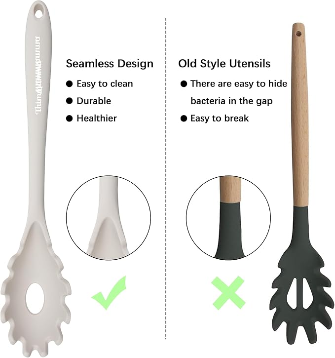 Silicone Cooking Spoons, Heat Resistant Large Silicone Pasta Slotted Spoon Solid Basting Spoon set for Nonstick Cookware, BPA Free Black Kitchen Silicone Spoons set for Mixing, Serving, Draining White