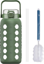 MUKOKO Half Gallon/64 oz Glass Water Bottles with Straw and Lid,Motivational Water Jug with Time Marker Reminder and Silicone Sleeve,100% Leakproof BPA Free Fitness Sports Large Bottle-Olive