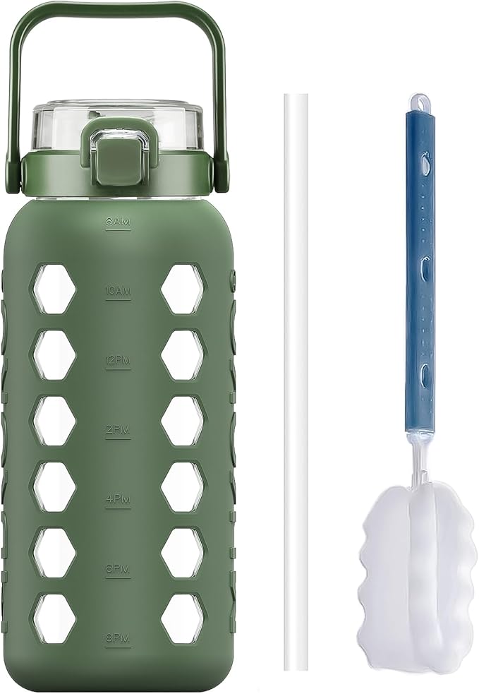 MUKOKO Half Gallon/64 oz Glass Water Bottles with Straw and Lid,Motivational Water Jug with Time Marker Reminder and Silicone Sleeve,100% Leakproof BPA Free Fitness Sports Large Bottle-Olive