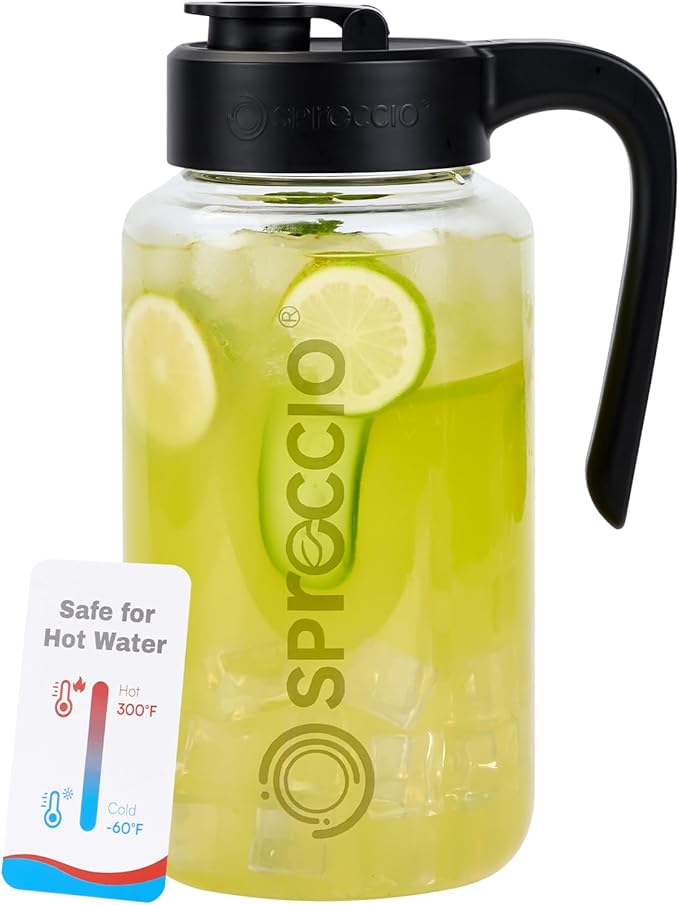 Borosilicate Glass Pitcher with Lid, 64 oz Mason Jar Pitcher Pour Spout Lid Airtight Leak-proof, Sun Tea Glass Jar for Outside, Breastmilk, Cold Brew, Coffee and Iced Tea