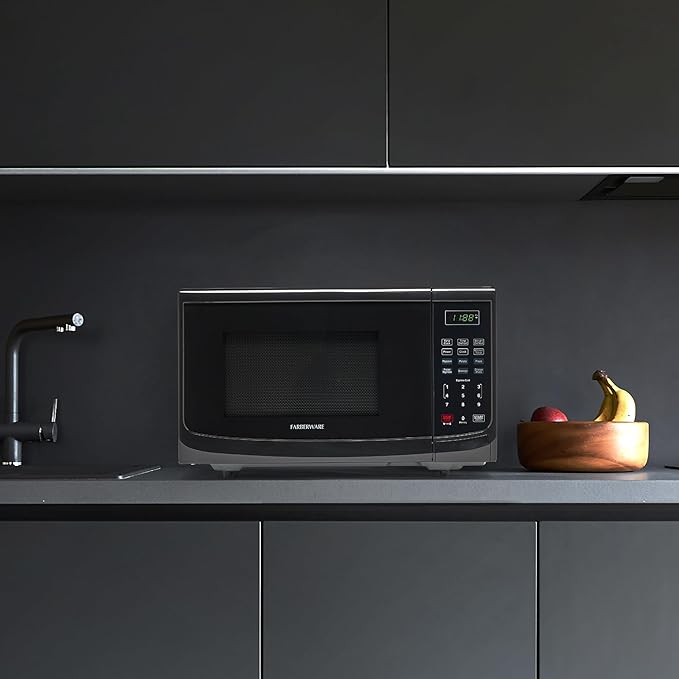 Farberware FM09BKA Compact Countertop Microwave Oven 0.9 Cu. Ft. 900-Watt with LED Lighting, Child Lock, Easy Clean Grey Interior, Black