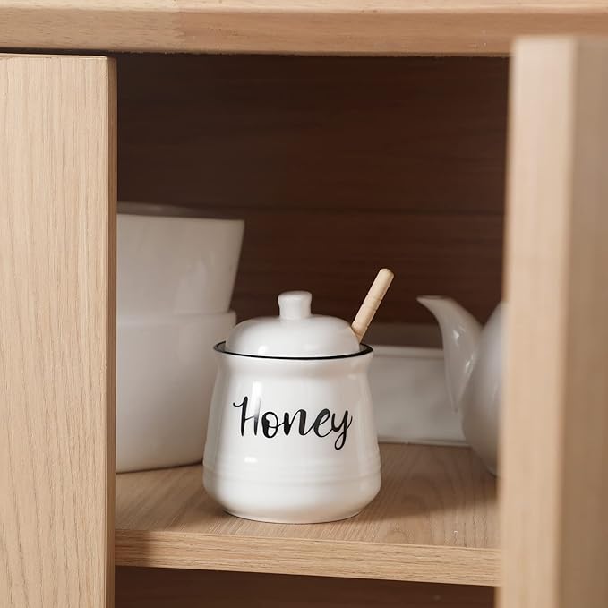 HAOTOP Farmhouse Porcelain Honey Jar with Dipper and Lid Set 12oz,Easy to Clean (White)