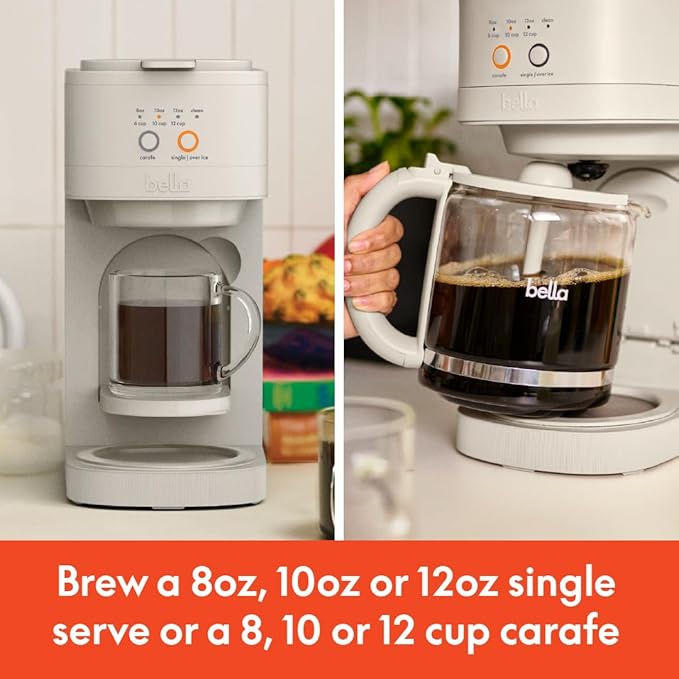 BELLA VersaBrew 2-in1 Coffee Maker, K-Cup compatible, Brew 3 Sizes Carafes & Single Serve Cups, Dishwasher Safe Reusable Filter & Filter Holder, Iced Coffee Function, 60oz Tank, Oatmilk