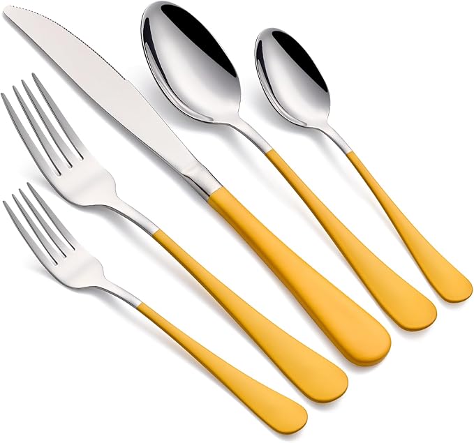20-Piece Yellow Silverware Set 18/0 Stainless Steel Flatware Yellow Handle Cutlery Set Service for 4 Dinner Knives Forks Spoons Set Mirror Finish Dishwasher Safe