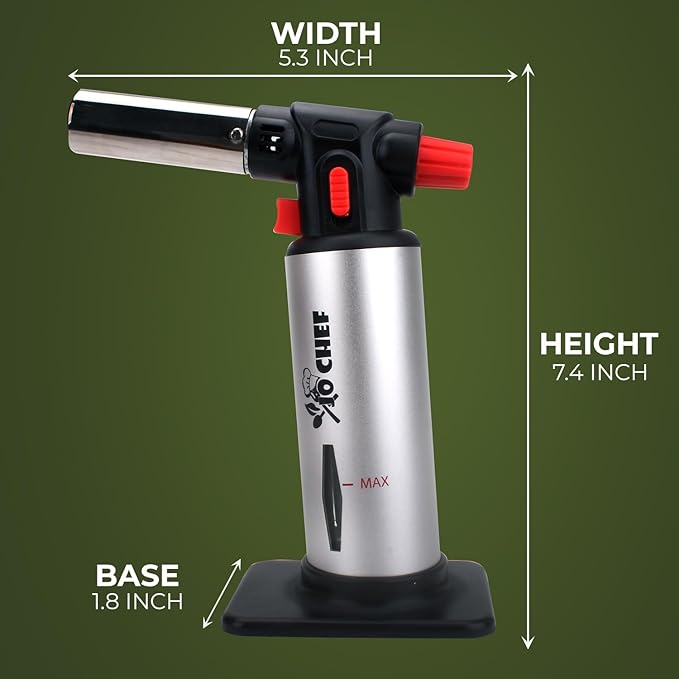 Jo Chef Butane Torch Lighter, Cooking Torch - Refillable Adjustable Flame Lighter with Safety Lock for BBQ, Baking, Brulee Creme, DIY + FREE Recipe eBook (Butane Not Included)