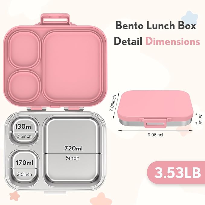 Stainless Steel Bento Box Kids, Leak Proof Metal Bento Lunch Box,3 Compartments 304 Stainless Steel Bento Lunch Containers for School and Office,Dishwasher Safe, BPA-Free(Pink)