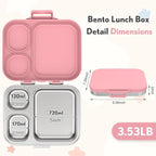 Stainless Steel Bento Box Kids, Leak Proof Metal Bento Lunch Box,3 Compartments 304 Stainless Steel Bento Lunch Containers for School and Office,Dishwasher Safe, BPA-Free(Pink)