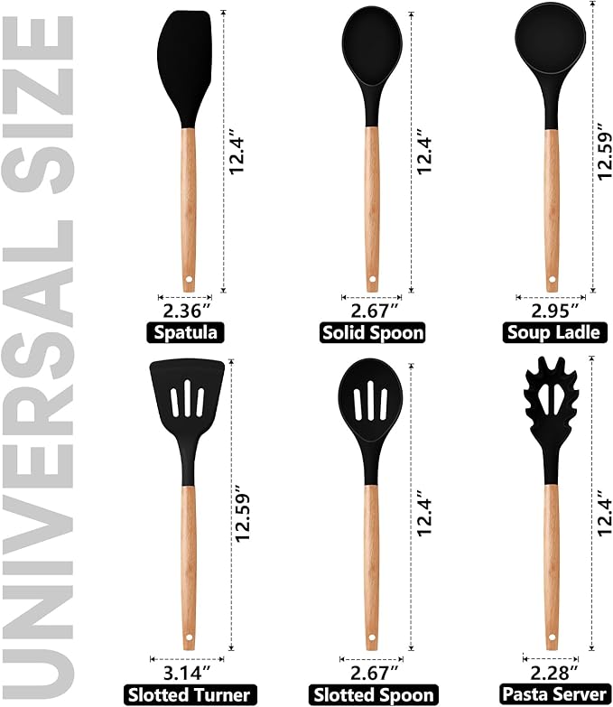 P&P CHEF Cooking Utensils Set, 6 PCS Kitchen Utensils with Wooden Handle, Silicone Spatula for Nonstick Cookware, Easy Clean & Non-toxic, Black