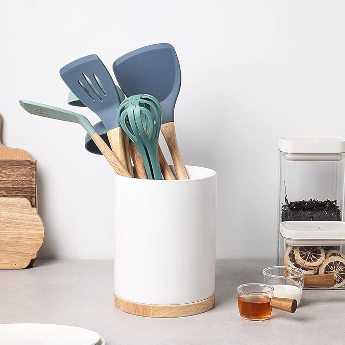 Sweejar Kitchen Utensil Holder with Wooden Bottom, 8.2" Ceramic Utensil Crock to Hold Spatulas for Cooking Countertop, Housewarming, Wedding, Birthday Gift (White)