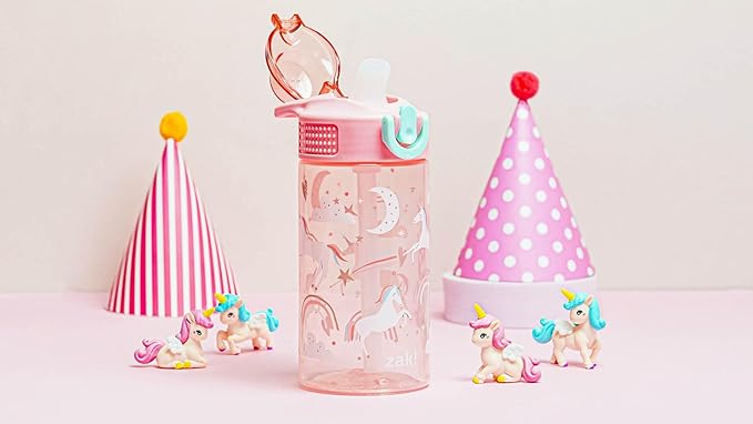 Zak Designs Sage Water Bottle For School or Travel, 16oz Durable Plastic Water Bottle With Straw, Handle, and Leak-Proof, Pop-Up Spout Cover (Fanciful Unicorn)