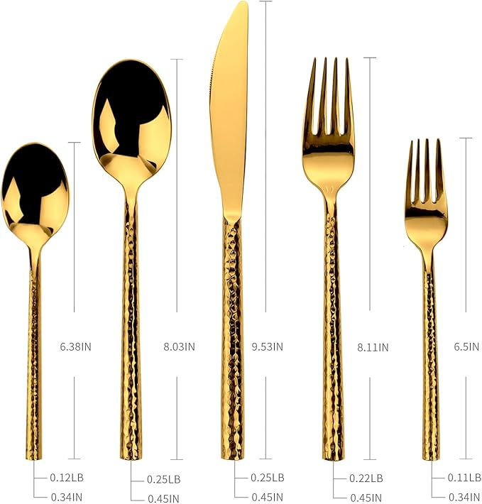 18/10 Stainless Steel Flatware Set Hand Forged Silverware Set Cutlery Set Shiny Gold Round Hammered Handle Mirror Finished 20 Pieces Service for 4
