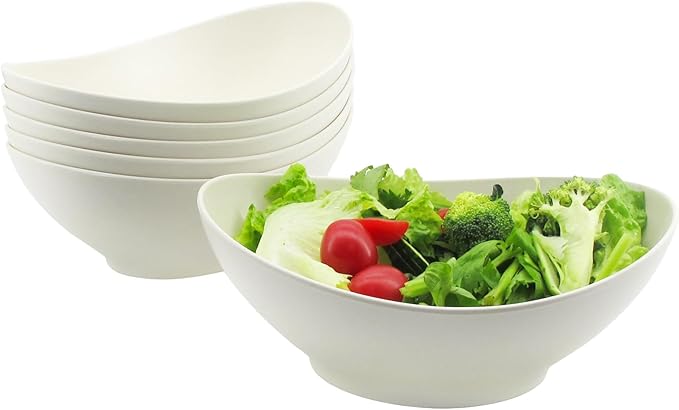 JOYMAY Oval Salad Bowls Set, 34oz Serving Bowls for Kitchen 8.8" Large Bowls for Soup, Oatmeal, Pasta, Snacks, Deep Soup Bowls Set for Salad, Fruit, Vegetable, Ramen, 6PC (White)