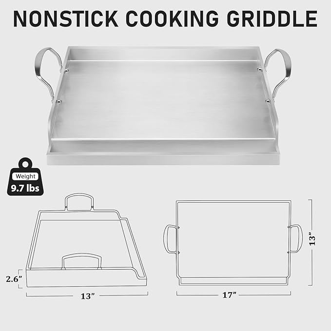 Utheer 17" x 13" Ceramic Nonstick Stainless Steel Griddle for Gas Grill, Charcoal, Oven, Stove Top Griddle, Non-Toxic, PFAS/PFOA/PTFE Free, Oven Up to 500°F, for BBQ, Camping & Kitchen, Sliver