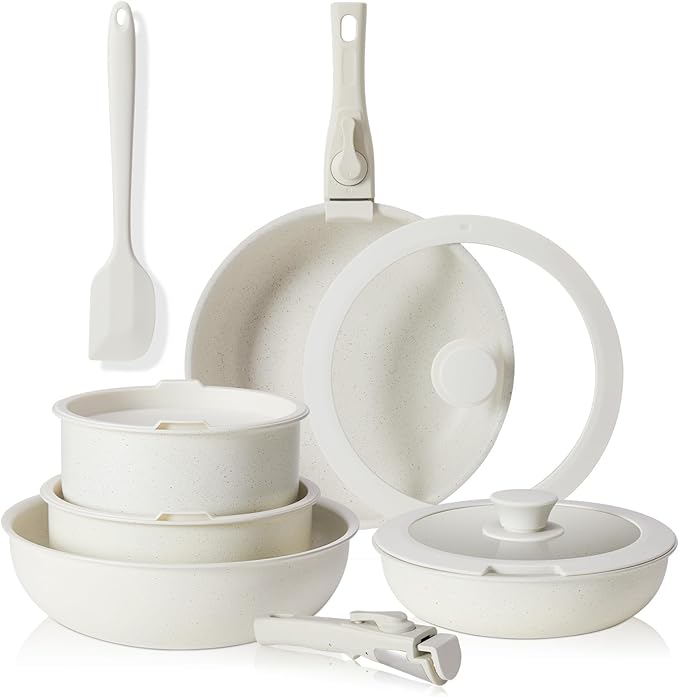 NEWBULIG Nonstick Kitchen Cookware Set, Pots and Pans with Detachable Handle, Induction Compatible, Dishwasher & Oven Safe, Space-Saving, Cream White, 12 Pieces(5 Pot)