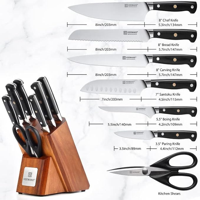 KEEMAKE Kitchen Knife Set with Block, 8Pcs Razor Sharp Chef Knife Set, High Carbon Stainless Steel Knife Block Set with Kitchen Scissors, Cooking Knife Set for Meat Vegetable Fruit