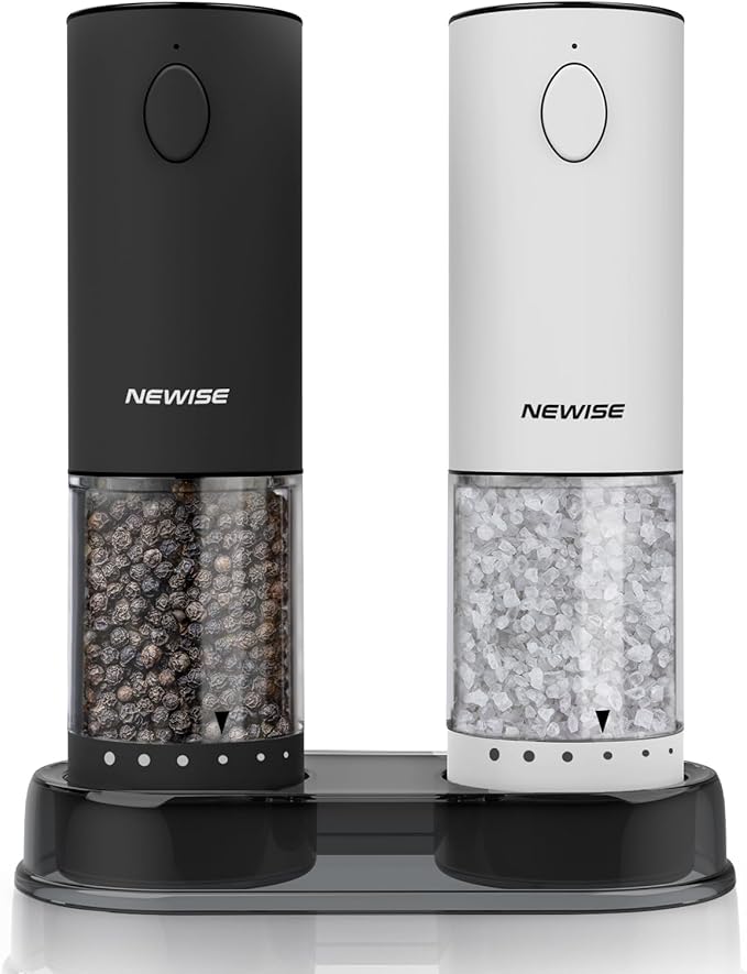 Electric Salt and Pepper Grinder Set, Rechargeable with LED Lights, Stainless Steel Automatic Pepper & Salt Mill, Adjustable Coarseness, Large Capacity, Black/White
