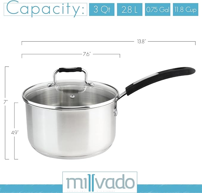 Sauce Pan, Stainless Steel 3 Quart Sauce Pan with Clear Glass Lid and Permanent Measurement Markings, Small Boiling Pot, Induction, Gas Electric Compatible