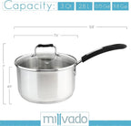 Sauce Pan, Stainless Steel 3 Quart Sauce Pan with Clear Glass Lid and Permanent Measurement Markings, Small Boiling Pot, Induction, Gas Electric Compatible