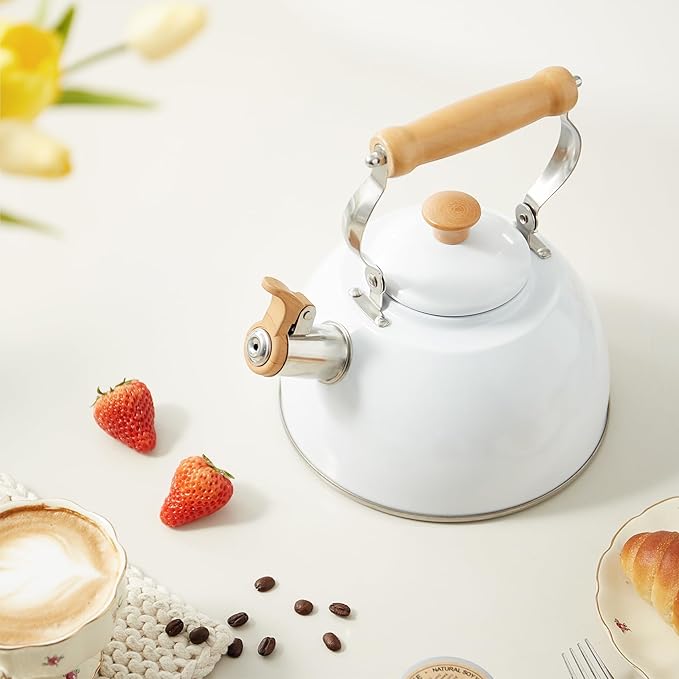 ROCKURWOK Tea Kettle, Tea Pot with Cool Touch Ergonomic Handle, Teapot Food Grade Stainless Steel, Tea Kettle Stovetop, Kettle Teapot, Whistling Tea Kettle, Tea Pot, 2.7 Quart (White)