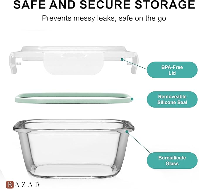 Razab 6 PC Square Glass Food Storage Containers with Airtight lids (74, 40 & 27 oz) Kitchen Glass Meal Prep Containers Set for Freezer Reusable Leftover Lunch Boxes, Oven, Microwave, Dishwasher Safe