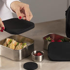 Flexibento - Leak proof Stainless Steel Bento Box | Stainless steel Snack Containers | Food Containers with Silicone Lids | Metal Food Containers| Bentobox - Black, 52 Oz Set (set of 5)