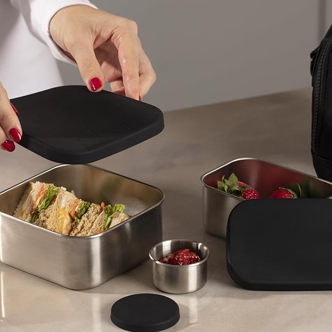 Flexibento - Leak proof Stainless Steel Bento Box | Stainless steel Snack Containers | Food Containers with Silicone Lids | Metal Food Containers| Bentobox - Black, 52 Oz Set (set of 5)