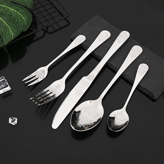 JASHII 20-piece Silverware Flatware Set Vintage Carved Floral Pattern Eating Utensils Stainless Steel Knife Fork Spoon Set Mirror Polished Dishwasher Safe - Silver