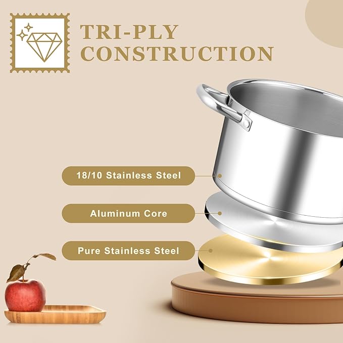 Leonyo 5 Quart Stock Pot with Lid, 18/10 3-ply Stainless Steel Stockpot for Induction Ceramic Gas Stoves, Heavy Duty Cooking Pot for Canning, Boiling, Simmering, Cooking Pot for Pasta, Soup, Spaghetti