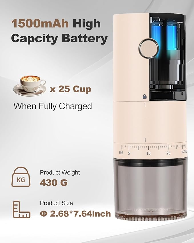 Lamido Portable Electric Coffee Grinder with Ceramic Burr - 38 Adjustable Grind Settings, One-Touch Operation, USB-C Rechargeable, Auto-Stop Function for Espresso, French Press, Travel & Home Use