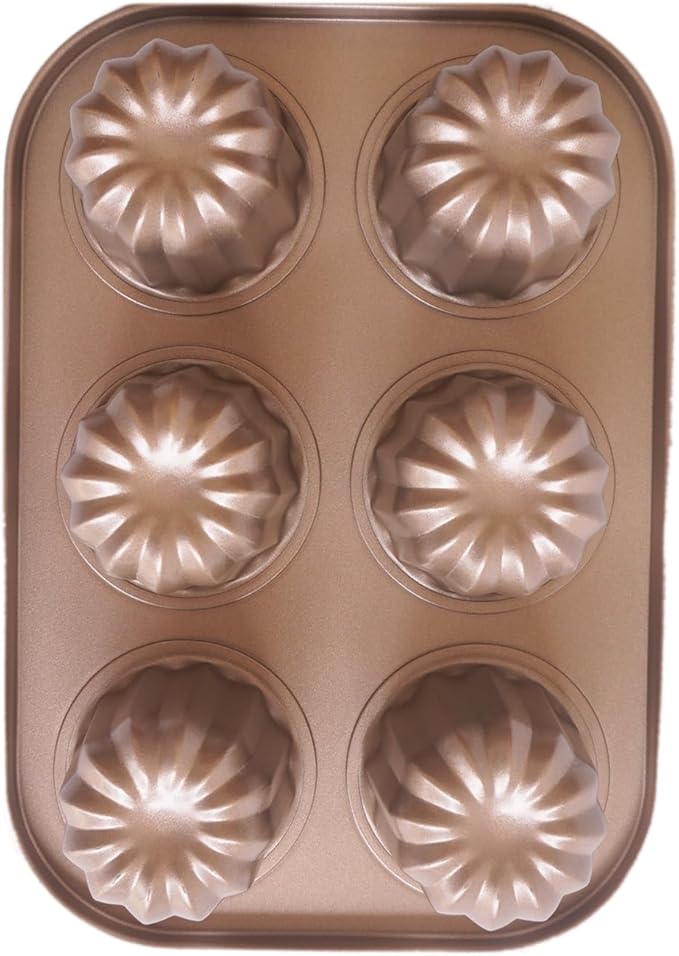 Canele Molds 6-Cavity Nonstick, Mini Canele Mold Cake Pan, Carbon Steel Canelle Pastry Molds, Washable Muffin Cupcake Pans for Oven Baking - Gold